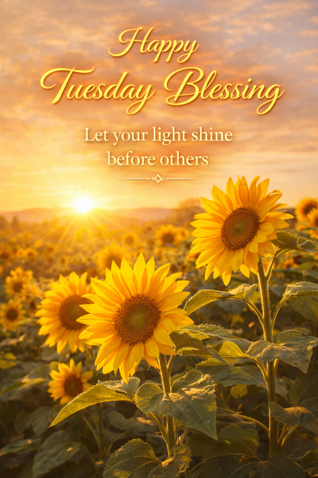 Beautiful sunflowers in morning light, "Happy Tuesday Blessing — Let your light shine before others" in warm gold — WhatsApp vertical blessing